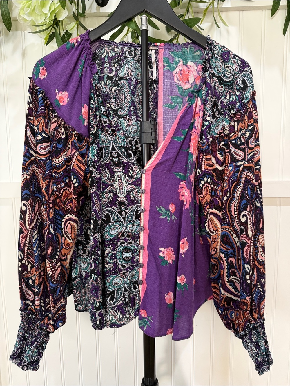 #982 FREE PEOPLE Gemini RARE Purple Multi-Print Boho Button-Front GORGEOUS